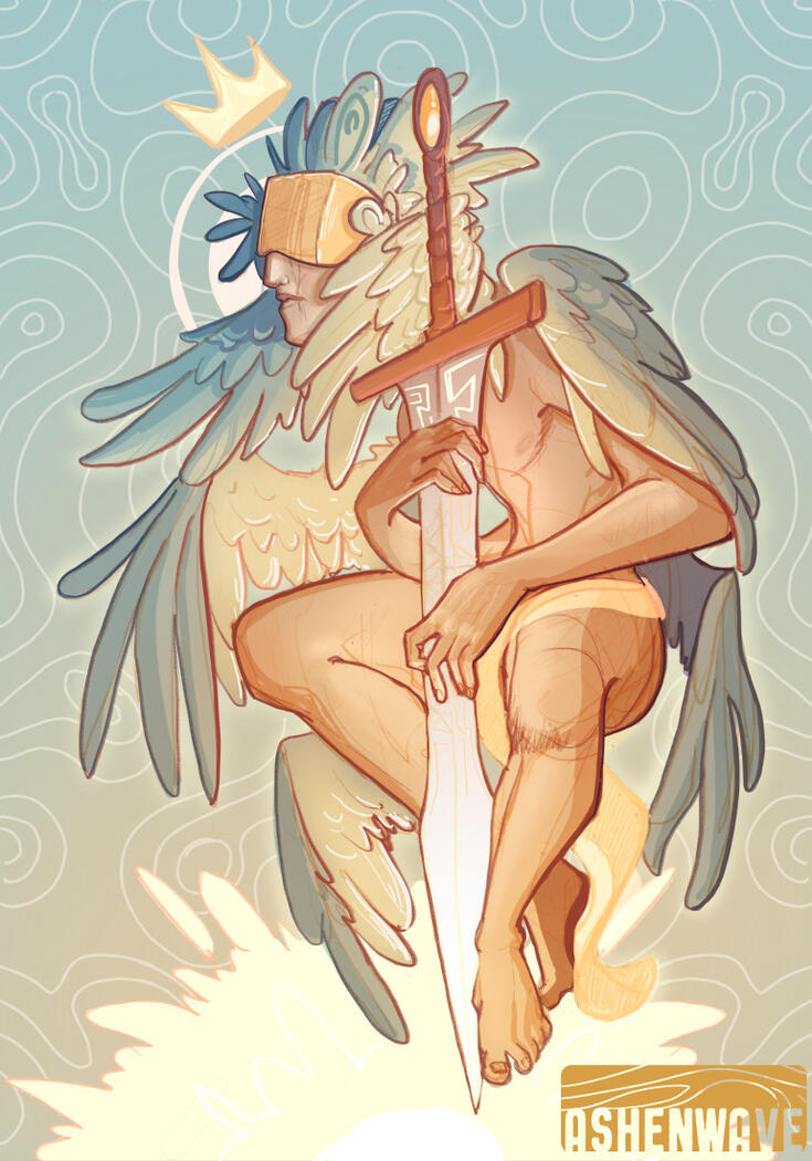 Illustration of a winged person with six wings. They have feathers in their hair and their eyes are covered. They hold a sword in their hands by the blade.