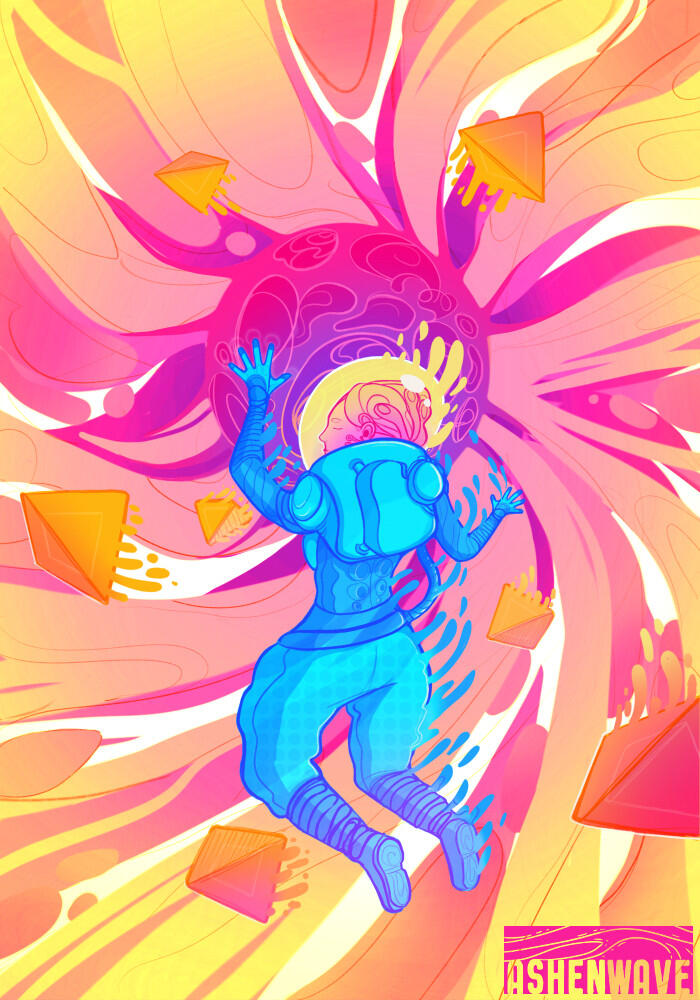 Colorful illustration of an astronaut floating in space, making first contact with an unknown entity in the form of a giant ball of convulsive energy.