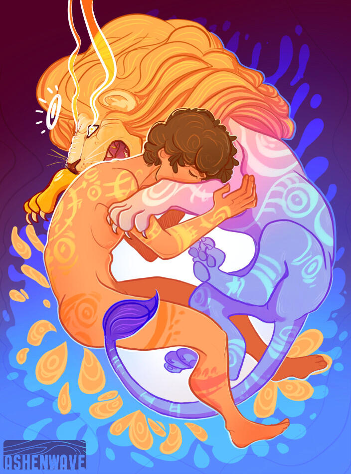 Illustration representing my version of Leo, of the Zodiac signs. A man with curly hair embracing a lion. Both have the same kind of glowing tattoos all over their bodies.
