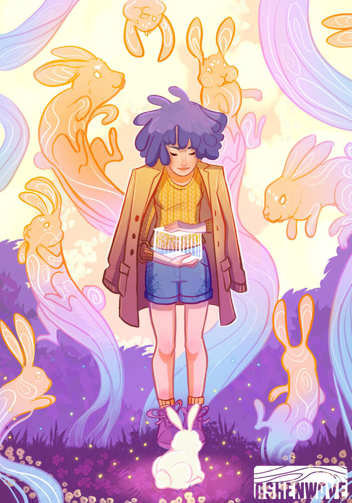 A young woman with holding a white cage in her hands. There's a little white rabbit right in front of her. She has just released the bunny, and she is waiting for them to run away into the forest. They are both surrounded by the spirits of other rabbits,