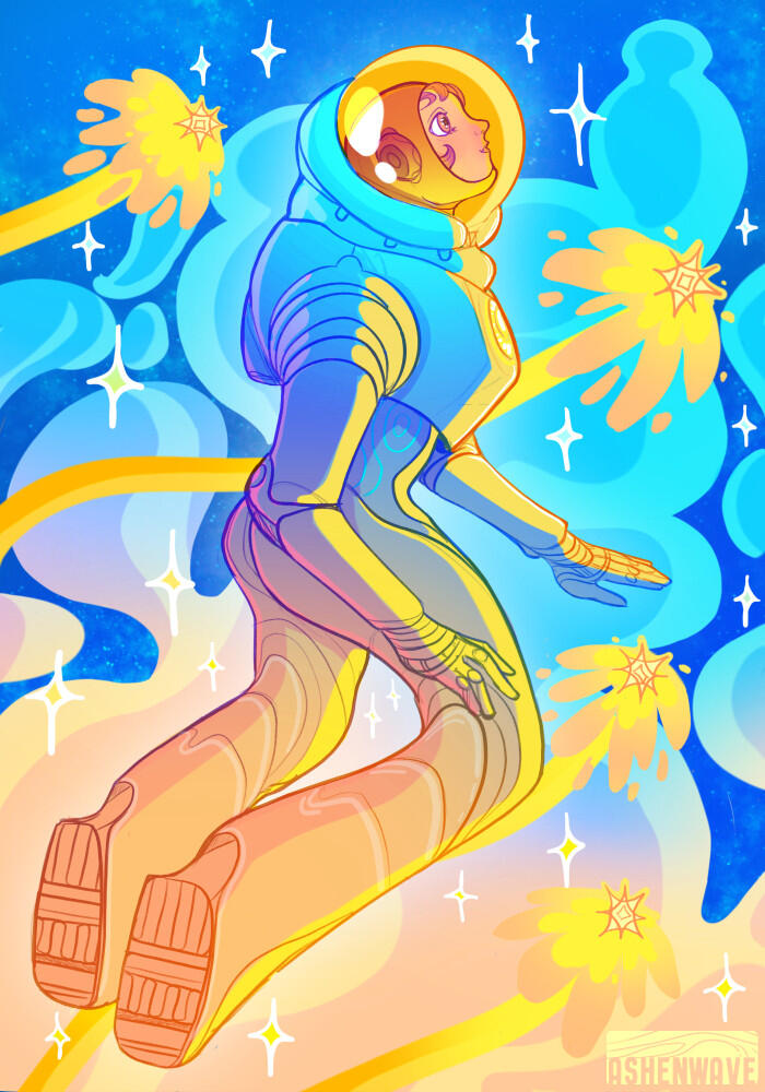 A colorful digital illustration of a female astronaut floating in space, surrounded by shooting stars and vibrant nebulae in the background