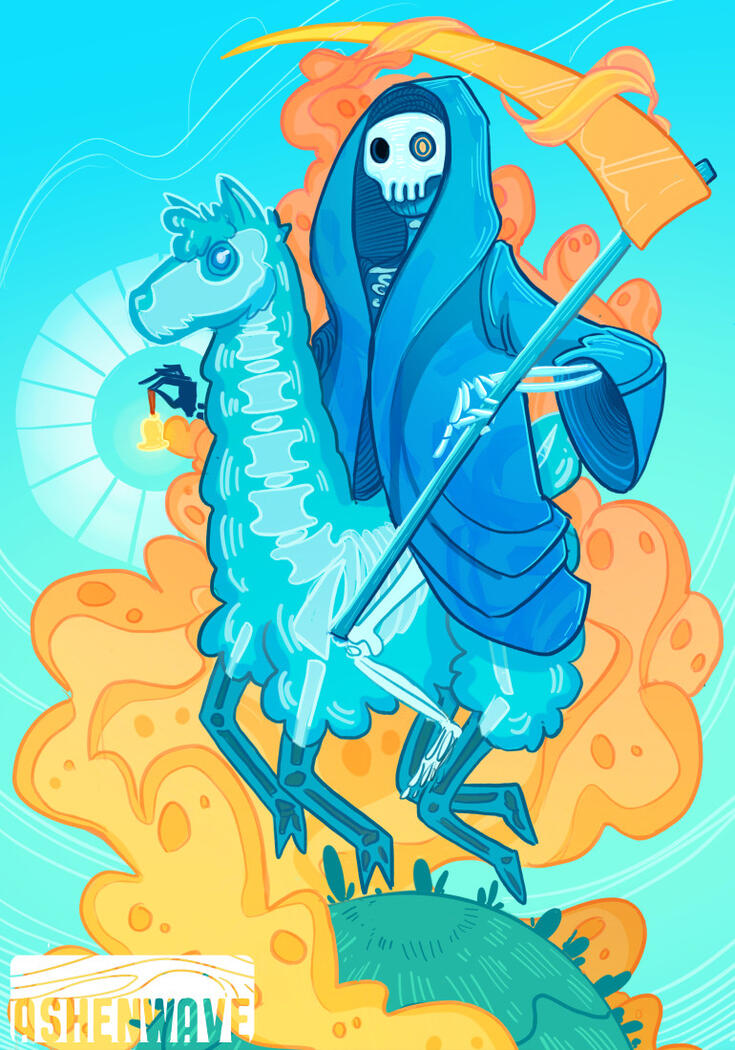 A skeletal figure shrouded in a blue robe, riding a bright blue llama. It's holding a scythe with a golden blade in one hand and a golden bell in the other. Surrounding both of them there's a cloud made of souls, ready to be reaped.