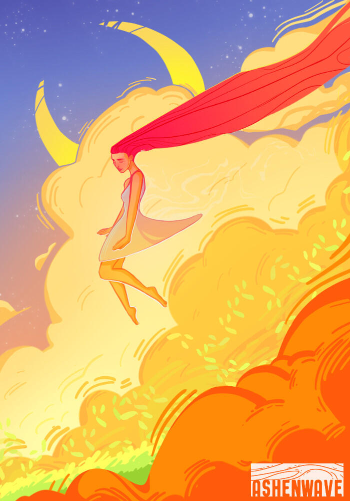 An illustration of a woman floating in the fields, surrounded by colorful clouds, her long hair moving with the wind. The moon pokes from behind the clouds, in the night sky.