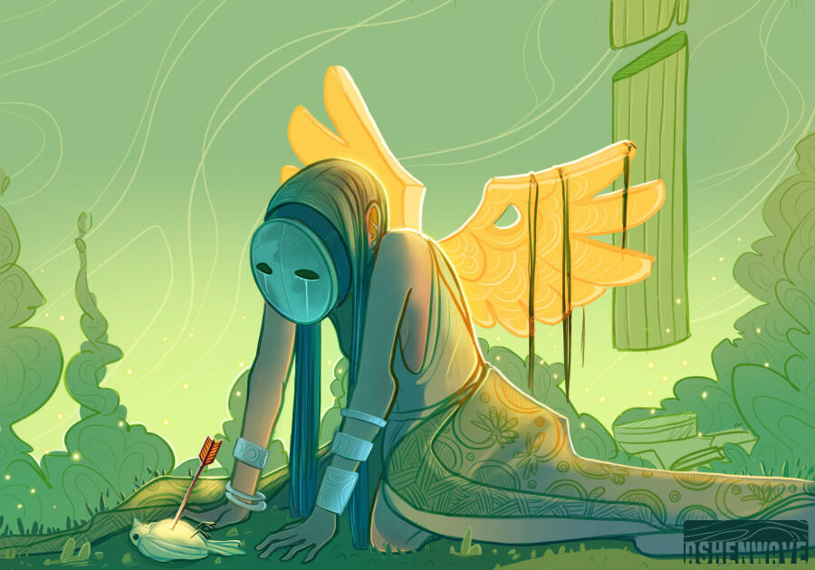 A masked person on their knees, crying, in a garden. They have a pair of stone wings on their back, glowing golden with untold power. They’re looking at a little bird that lays near, pierced by an arrow.