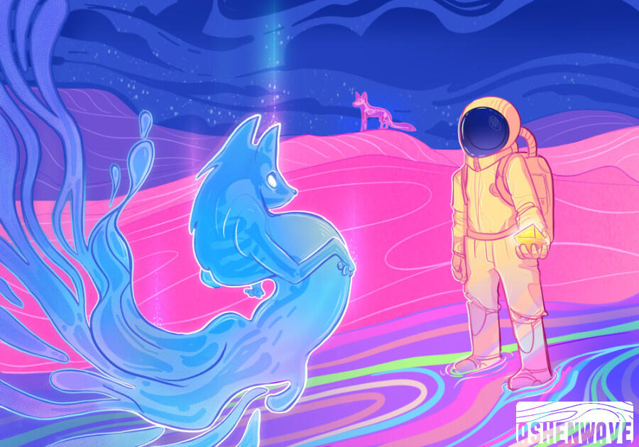 Illustration of a landscape from another planet, featuring alien dunes, an astronaut and the spirits of two foxes.