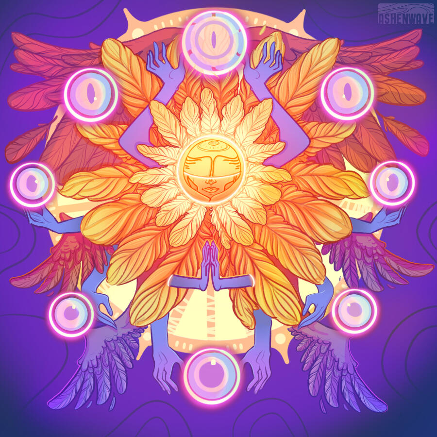 A colorful digital illustration of a seraphim. It's a representation of an angel with six wings and ten arms. They are praying to the passing of time, symbolized by the eight floating eyes surrendering them, each one with pupils changing form and size.