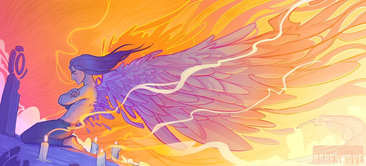Colorful illustration of a man with long, dark hair kneeling before a headstone, surrounded by lit candles. A powerful pair of wings emerge from his back towards the light.