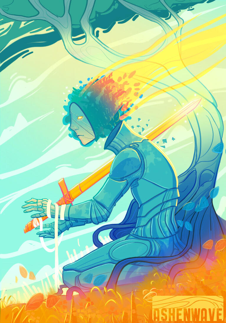 Illustration of a statue in the form of a kneeling knight, with a glowing sword piercing their chest. The stone in their face is broken, and their eyes glow with the magic from the sword. In the background a twisting tree moves with the wind.