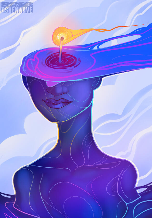 Portrait of a woman in purple tones and some yellow. Half here head is gone with the wind, as is it where liquid. Where that half of her head is gone, there is a lit match, whose flames dances in the wind. The woman is not quite smiling.