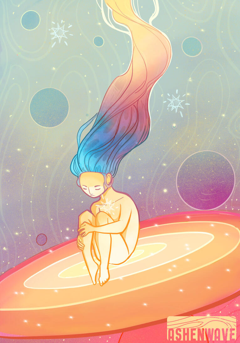 A feminine figure floating in outer space with a star shining on their chest, a peaceful expression on their face. They have very long and colorful hair, from blue to golden. They are surrounded by planets, stars and galaxies.