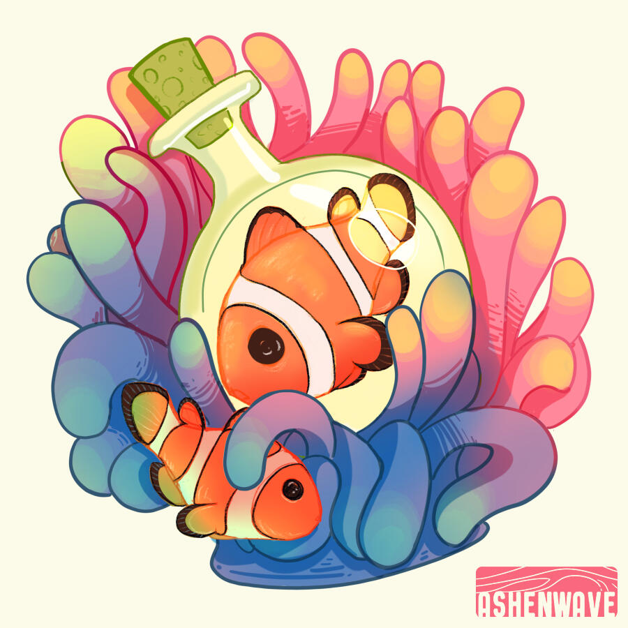 A digital illustration of a colorful sea anemone with two clown fishes, one bigger than the other. The big one is inside a tiny round glass bottle, being cradled by the anemone.
