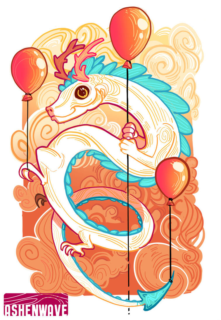 An eastern white and blue dragon with horns among the clouds. It's cute and happy and it's holding a red balloon because it's their birthday.