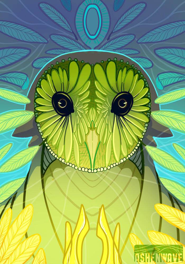 Portrait of an owl in green colors. It’s looking straight at the viewer with dark eyes. Everything is surrounded by vibrant feathers, floating around.